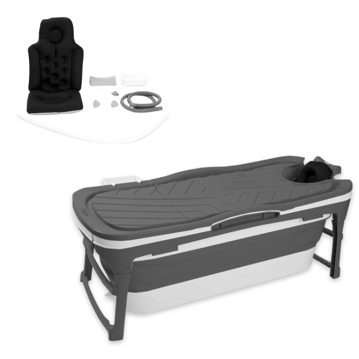 Foldebadekar til voksne med låg - 143cm/grå. Ekstra 300 cm. slange, sort badepude, lækker opbevaringspose samt ekstra prop inkl. Værdi kr. 798,-.