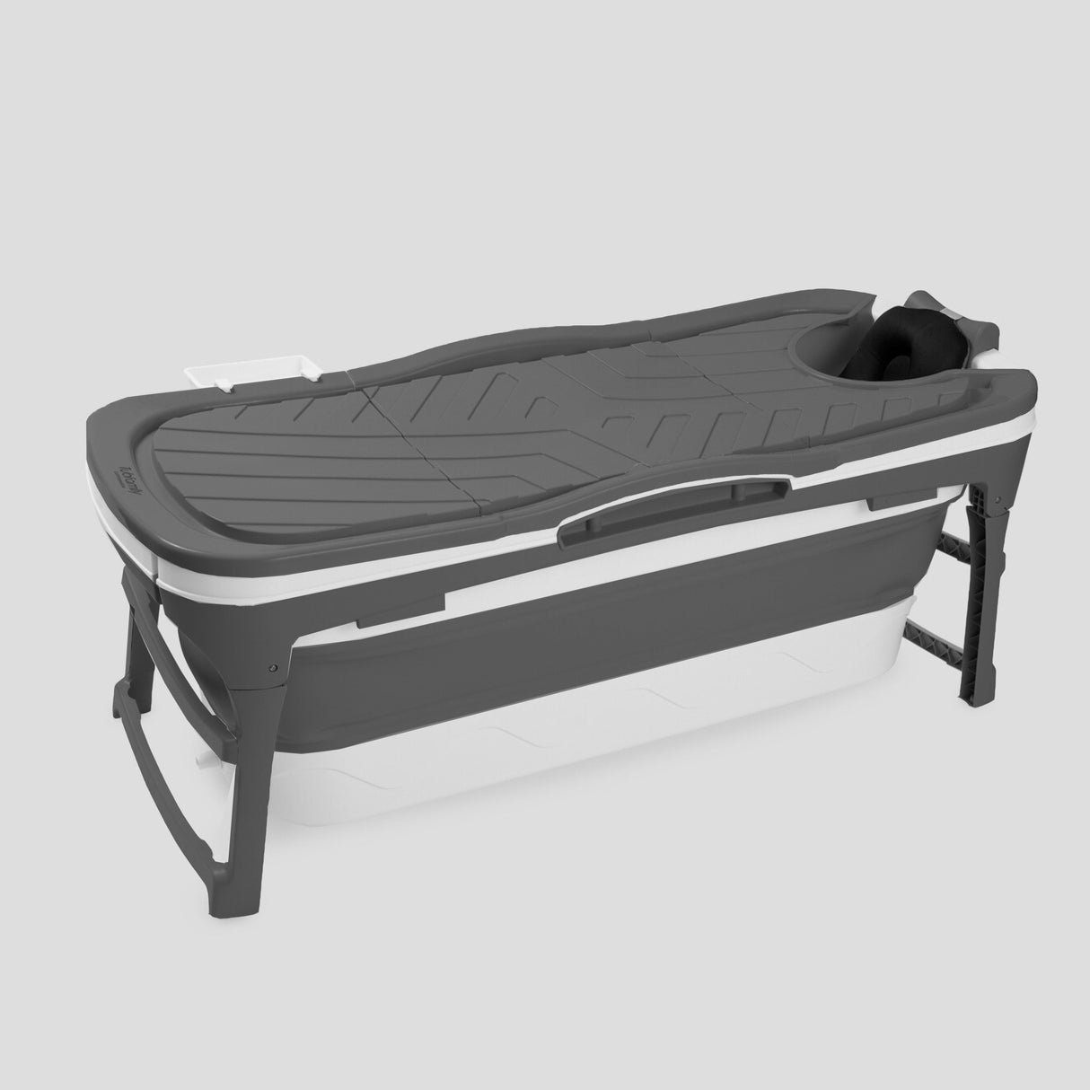 Foldebadekar til voksne med låg - 143cm/grå. Ekstra 300 cm. slange, sort badepude, lækker opbevaringspose samt ekstra prop inkl. Værdi kr. 798,-.