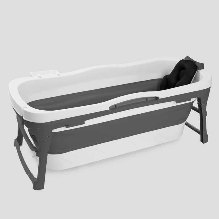 Foldebadekar til voksne med låg - 143cm/grå. Ekstra 300 cm. slange, sort badepude, lækker opbevaringspose samt ekstra prop inkl. Værdi kr. 798,-.